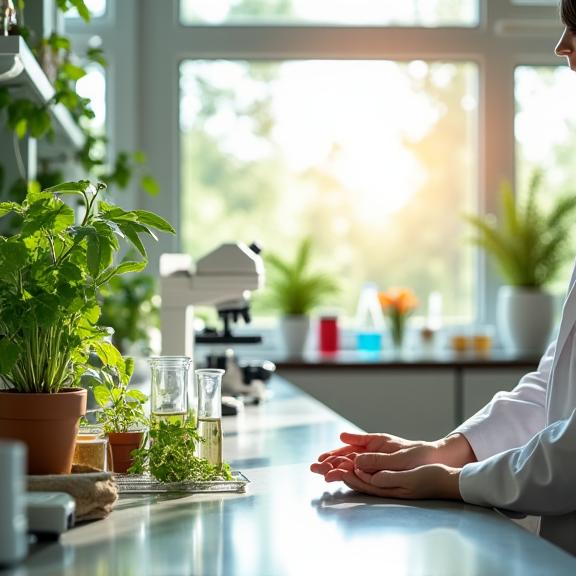 Un ambiente di laboratorio luminoso con piante e ingredienti botanici.