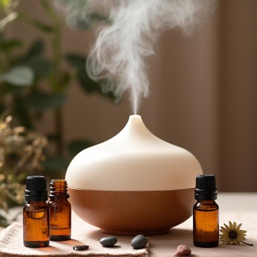 Un diffusore di aromaterapia che emette vapore con flaconi di oli essenziali.