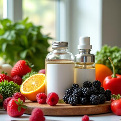 Flaconi di integratori di bellezza circondati da frutta e verdura.