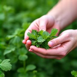 Mani che raccolgono delicatamente erbe fresche da un campo.